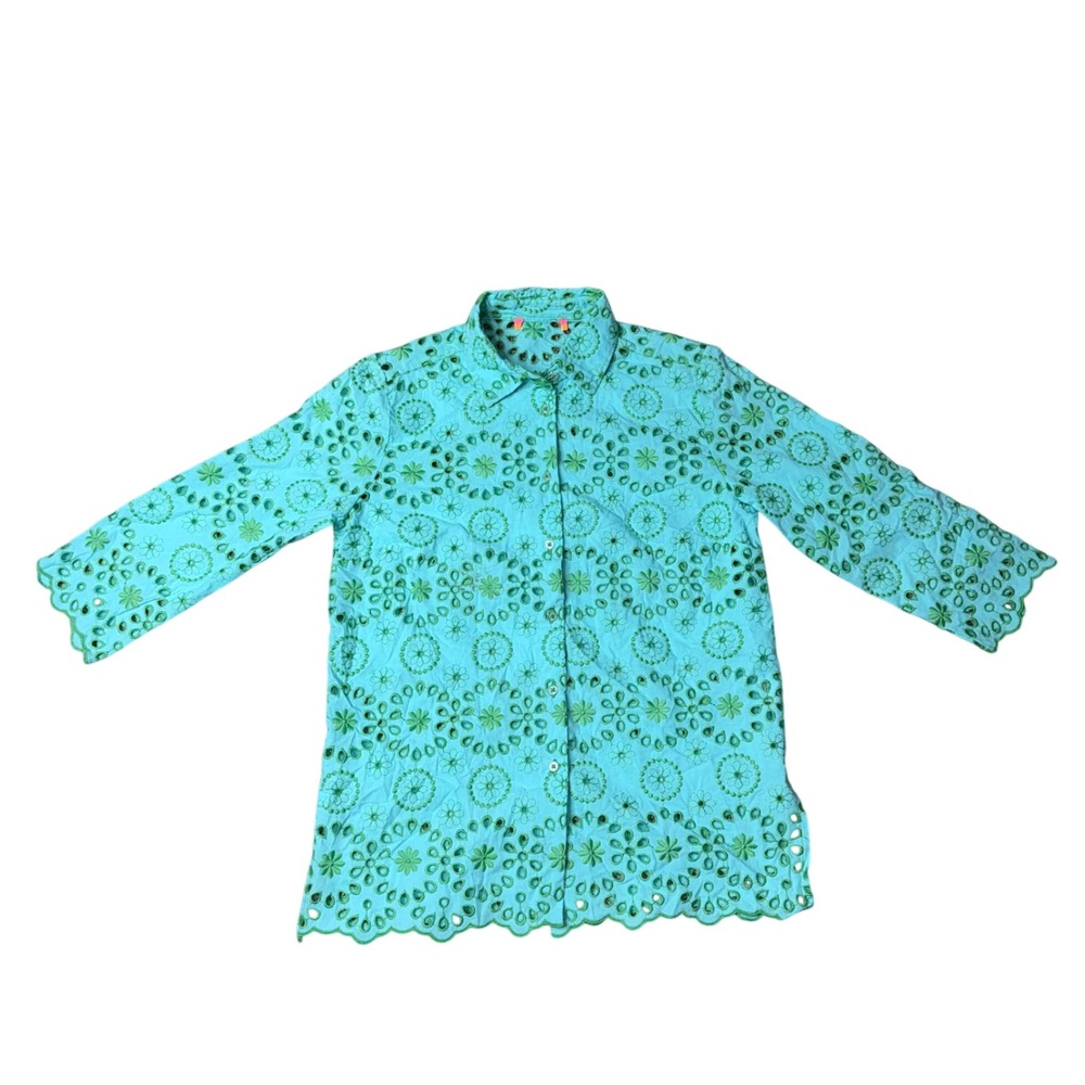 Vilagallo Eyelet Embroidery Shirt Womens Turquoise Green Cotton Scalloped Good